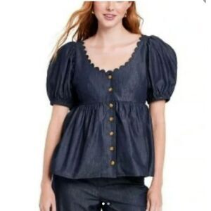 251 Denim Puff Sleeve Button-Front Peplum Top with Scalloped Neckline